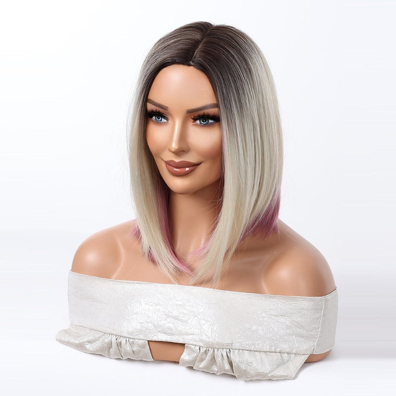Women'S Synthetic Full Head Cover European and American Wig | Short Straight Hair with Gradient Light Golden and Rose Red Color, High Temperature Fiber, Elastic