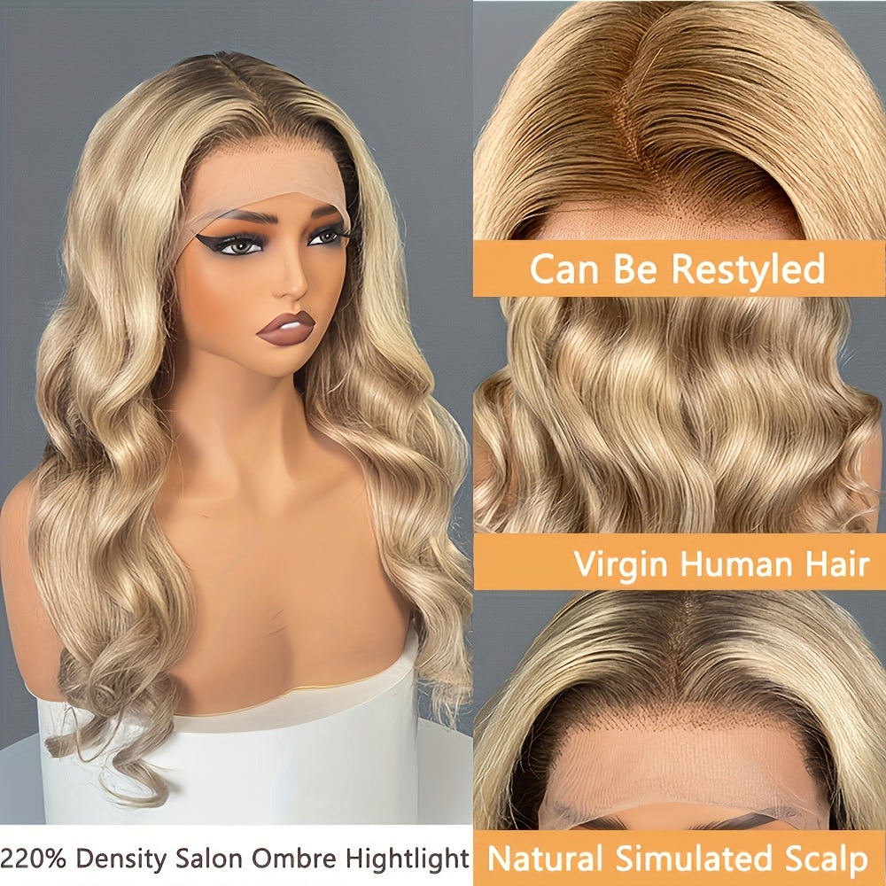 220% Density Salon Mocha Brown Ombre Hightlight Virgin Wigs For Wedding 13x4 HD Transparent Lace Front Wigs Elegant Long Body Wave Glueless Free Part Wig Pre Plucked With Tiny Knots Wig For Party Use Wig Dress Up Wig