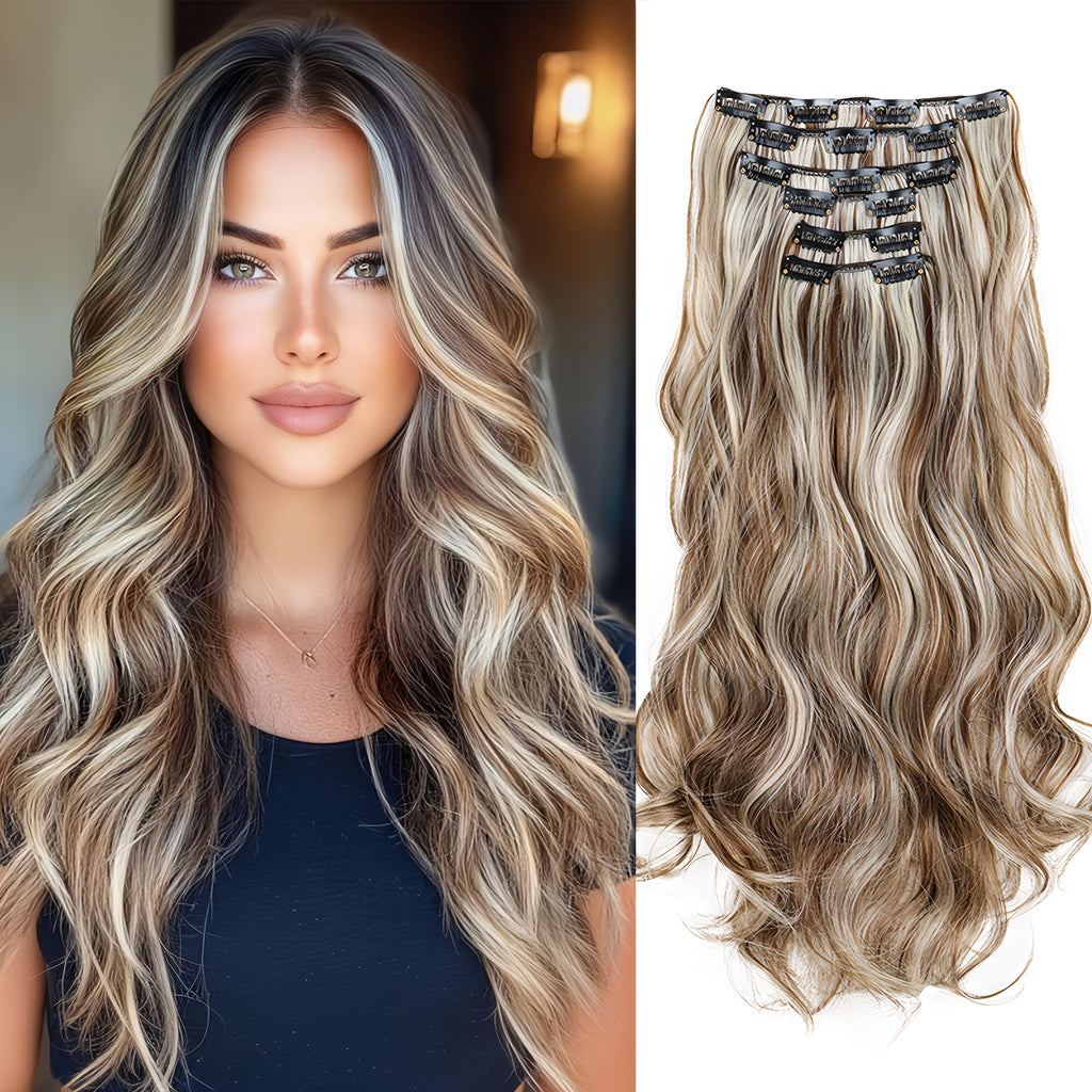 Women's 20-Inch Clip-In Curly Wave Hair Extensions - Thick Volume & Highlights, Clip-On Ponytail\u002FBraid Attachment, Soft Synthetic Hair for Short Hairline Coverage, Instant Length (No, Easy Application)