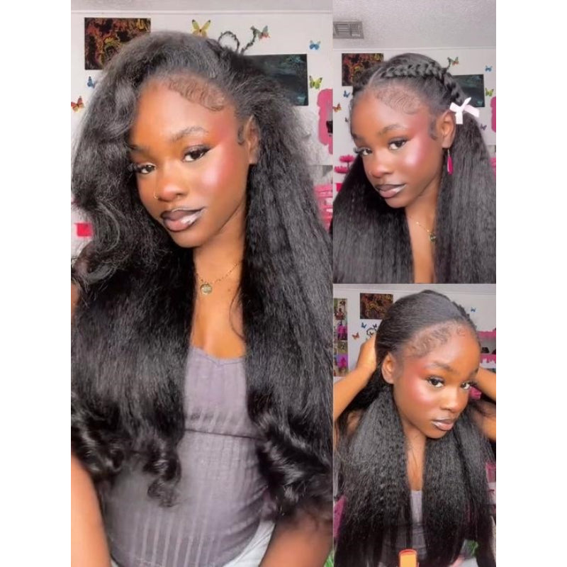 24-Inch 13X4 Kinky Straight Glueless Human Hair Wig with 180% Density, Pre-Cut, Pre-Bleached, Pre-Plucked, Ready to Wear And Easy to Install