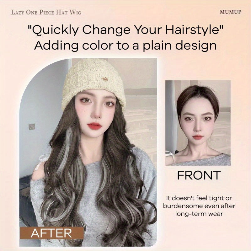 Women'S Winter Warm Knitted Wig Hat with Highlighted Dye - Soft Synthetic Hairpiece & Full Head Cap, Elastic Net Cap for Secure Fit, -Looking Wavy Hairpiece for Daily Wear, Cosplay & Themed Events - Unisex-Style Design, Easy Maintenance (No Styling