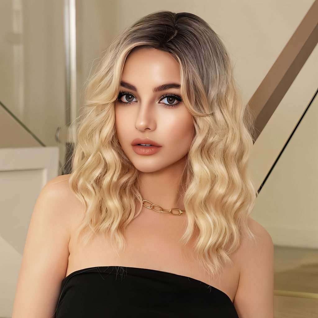 18 Inch Women & Gradient Long Curly Wig with Bangs - Looking Soft & Breathable Heat-Resistant Synthetic Hair, Full Head Wig with Elastic Cap