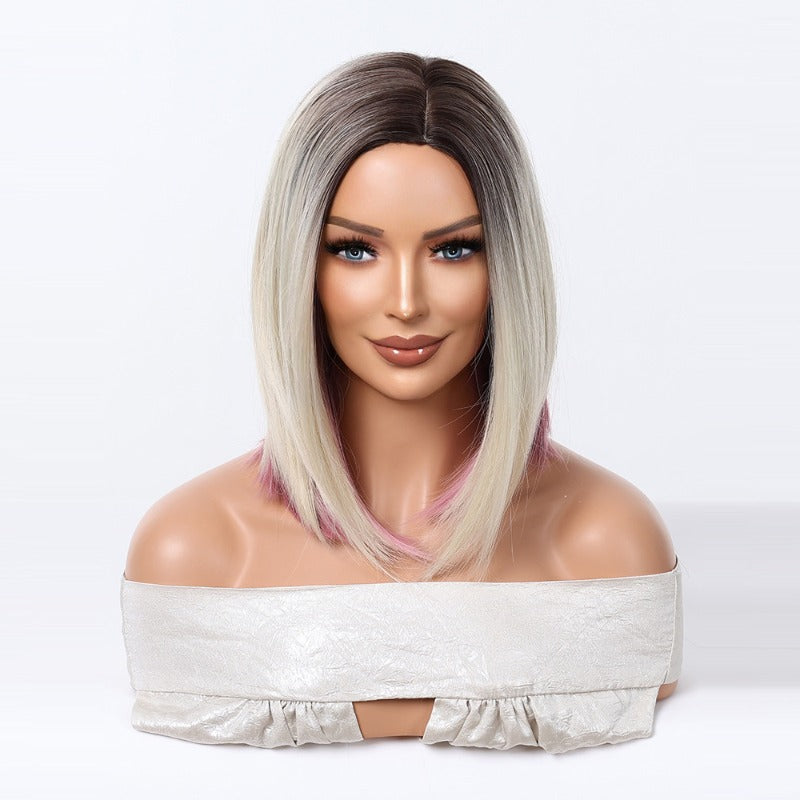 Women'S Synthetic Full Head Cover European and American Wig | Short Straight Hair with Gradient Light Golden and Rose Red Color, High Temperature Fiber, Elastic