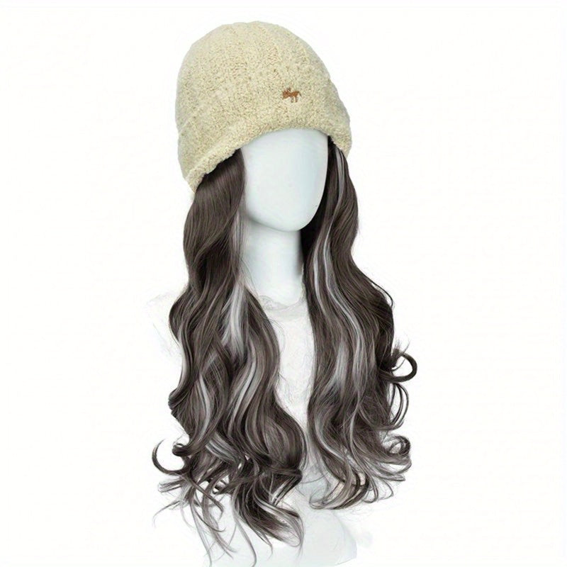 Women's Winter Warm Knitted Wig Hat with Highlighted Wavy Synthetic Hair - Full Head Cap & Elastic Net Base for Cosplay, Themed Events, Daily Wear - Soft Warm Wigpiece Suitable for Skin Types, Easy Maintenance (No Styling)