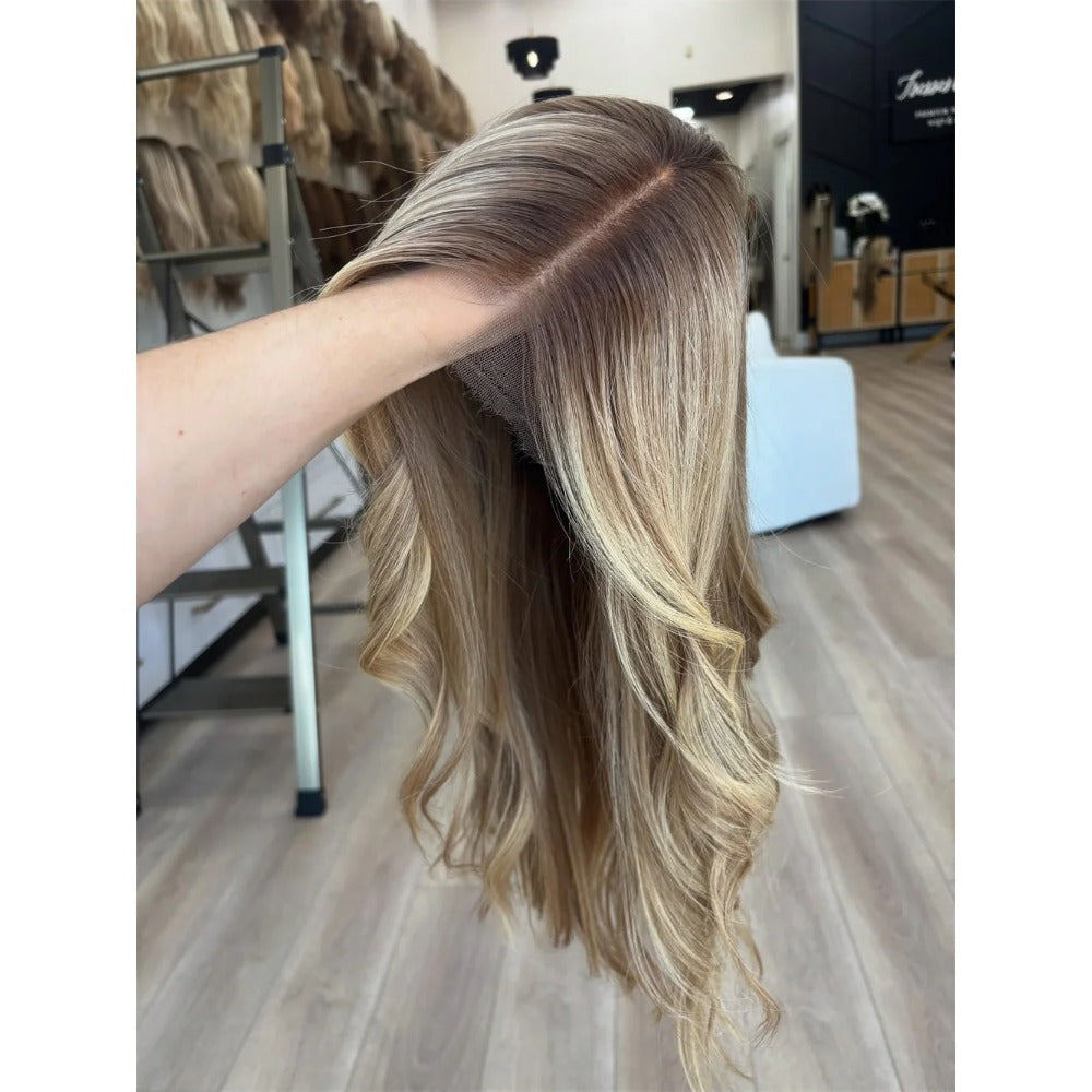 Proktty Transparent Lace Front Wig Ash Blonde Balayage Human Hair Wig Suitable for Skin Tones, 16inch Long Body with Baby Hair & 180% Density Transparent Base Wig for Hairline for Daily Wear, Parties, Photoshoots