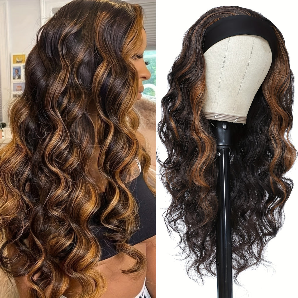 24-Inch Long Wavy Headband Wig for Women Suitable for Parties & Daily Use - Black\u002FBrown\u002FBlonde Highlight Synthetic Hair with 200% Density, Elastic, Volume & Put-On-and-Go Style (No Glue\u002FSpray Needed)