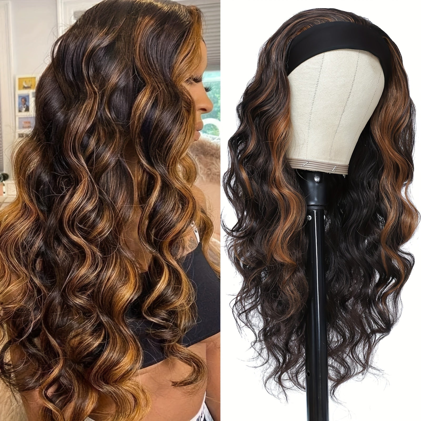 24-Inch Long Wavy Headband Wig for Women Suitable for Parties & Daily Use - Black\u002FBrown\u002FBlonde Highlight Synthetic Hair with 200% Density, Elastic, Volume & Put-On-and-Go Style (No Glue\u002FSpray Needed)