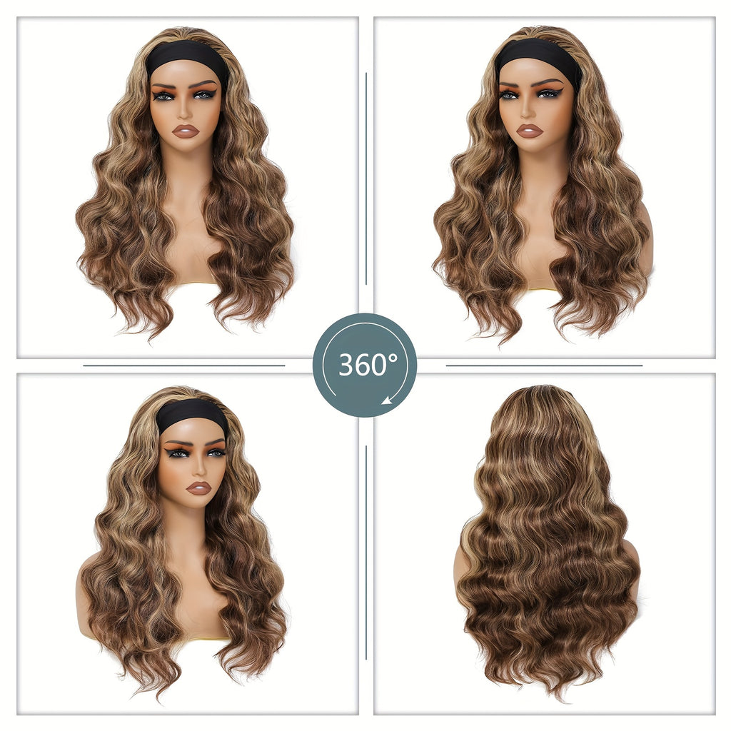 24-Inch Long Wavy Headband Wig for Women Suitable for Parties & Daily Use - Black\u002FBrown\u002FBlonde Highlight Synthetic Hair with 200% Density, Elastic, Volume & Put-On-and-Go Style (No Glue\u002FSpray Needed)