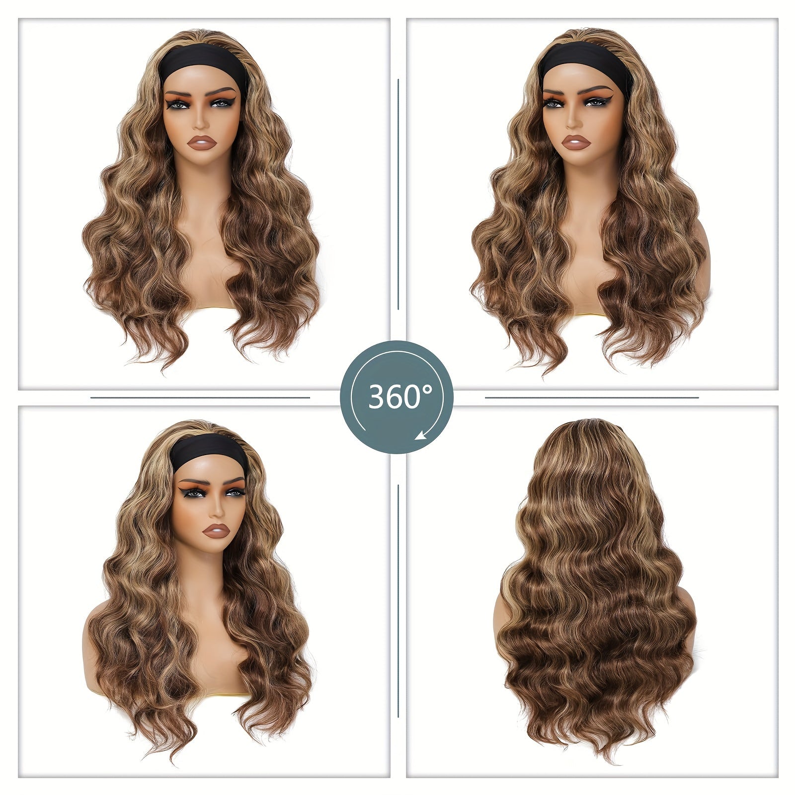 24-Inch Long Wavy Headband Wig for Women Suitable for Parties & Daily Use - Black\u002FBrown\u002FBlonde Highlight Synthetic Hair with 200% Density, Elastic, Volume & Put-On-and-Go Style (No Glue\u002FSpray Needed)