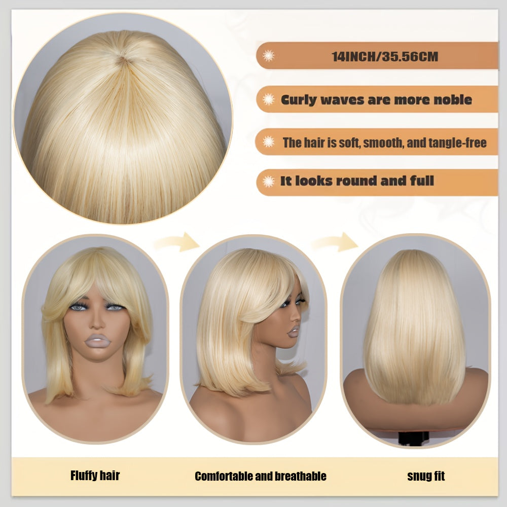 Women' Heat-Resistant Full Head Coverage Synthetic Hair Wig - Blonde Straight with Bangs Suitable for Daily Wear, Parties & Elastic Net Cap - Age-Reducing Realistic Volume Wig for Heat Styling & Instant Volume