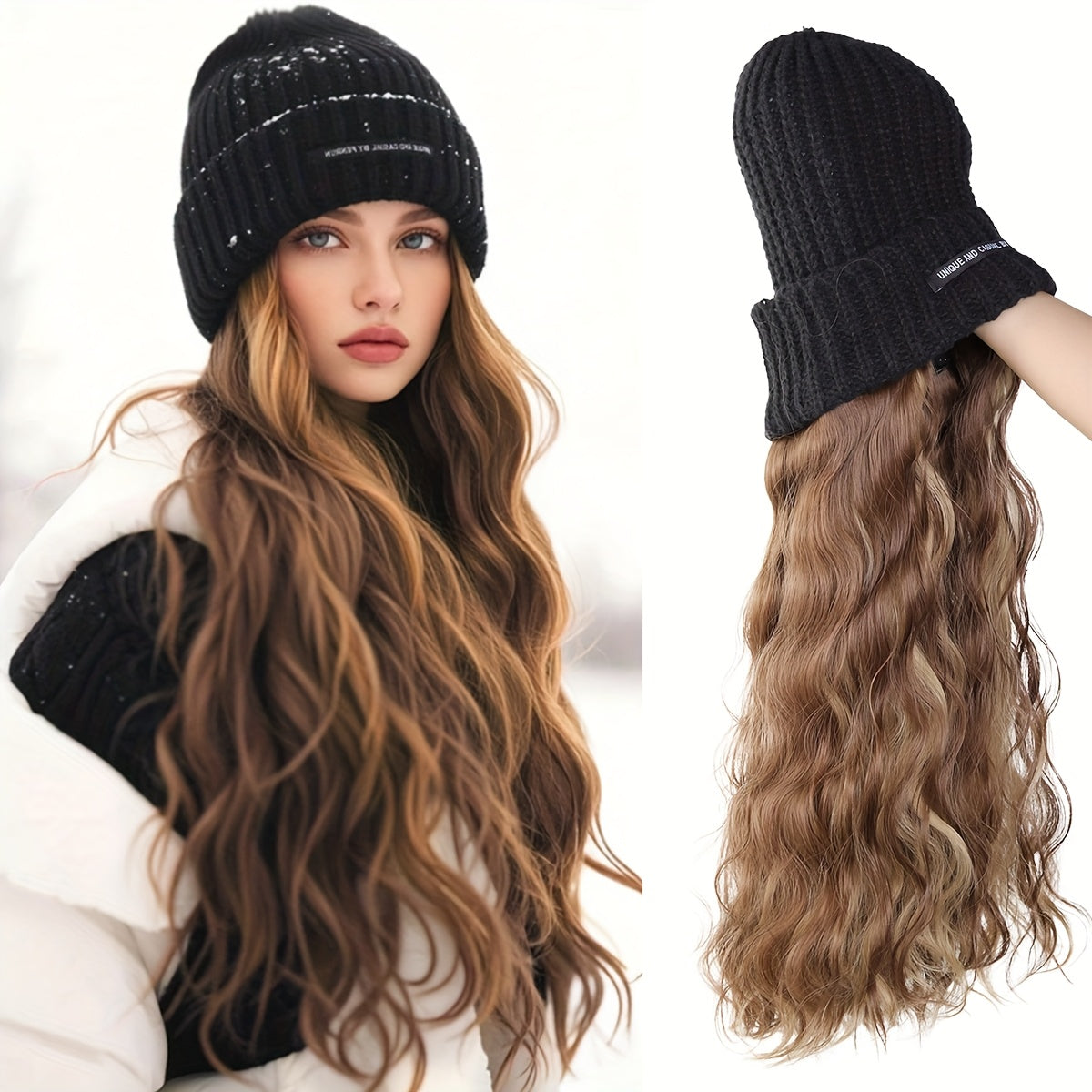 Women's Long Blonde Wavy Synthetic Hair Wig with Elastic Knit Cap - Heat-Resistant Fiber, Density Natural-Looking Straight-to-Wavy Hairpiece for Blonde Highlights, Daily Wear & Special Events (No Glue\u002FAdhesive)
