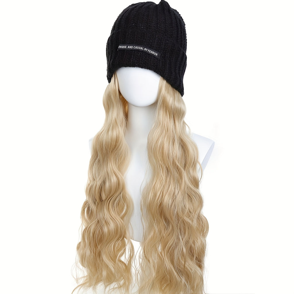 Women's Long Blonde Wavy Synthetic Hair Wig with Elastic Knit Cap - Heat-Resistant Fiber, Density Natural-Looking Straight-to-Wavy Hairpiece for Blonde Highlights, Daily Wear & Special Events (No Glue\u002FAdhesive)