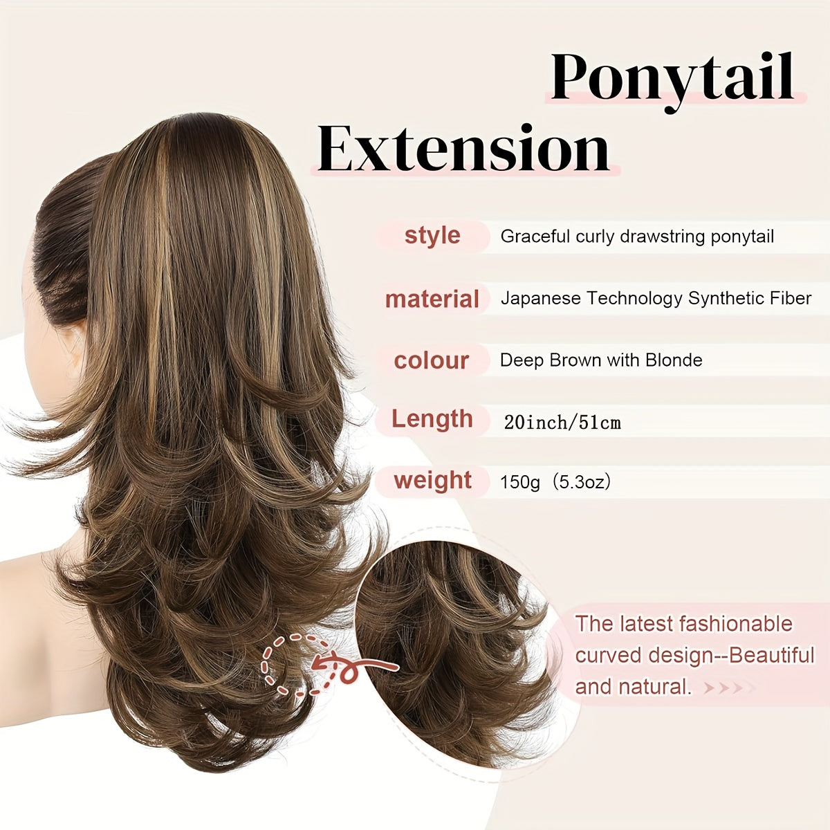 20 Inch Clip-In\u002FClip-On Ponytail Hair Extension for Women - Natural Looking Synthetic Curly Wave Pony Tail with Jaw\u002FClip Attachment, Layered Volume Hairpiece for Daily Wear, Parties, for all Hair Types (Easy Application)