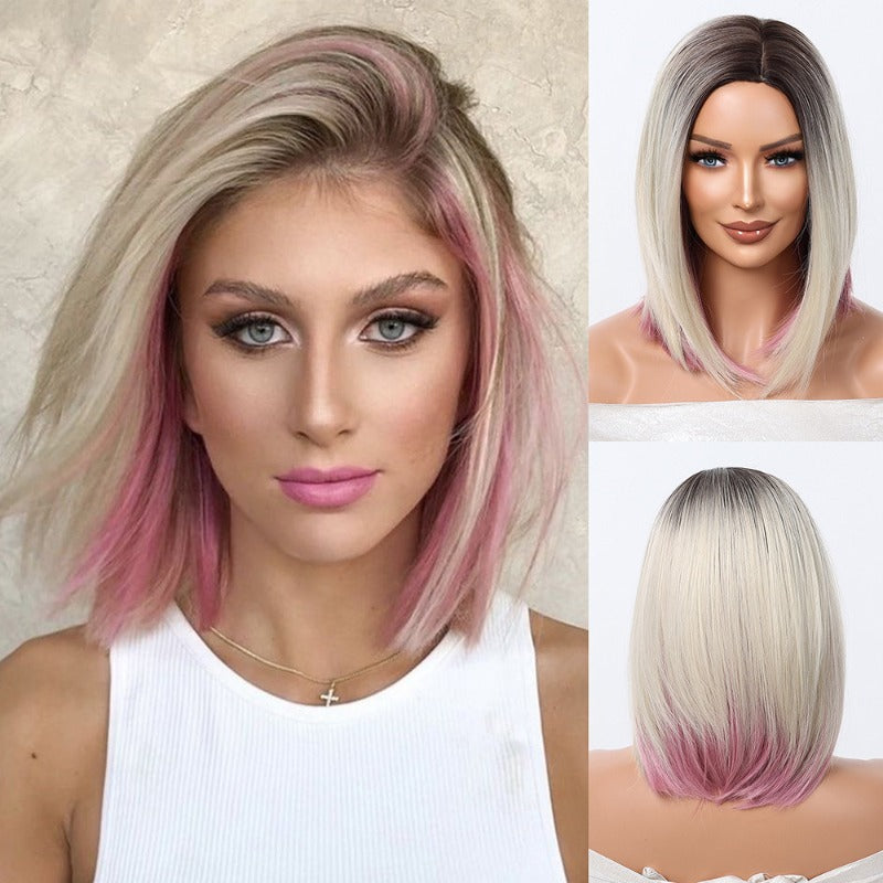 Women'S Synthetic Full Head Cover European and American Wig | Short Straight Hair with Gradient Light Golden and Rose Red Color, High Temperature Fiber, Elastic