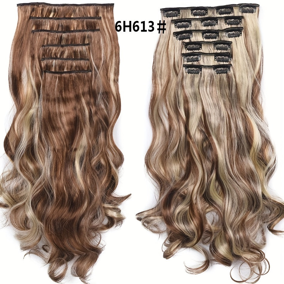 22-Inch Clip-In Synthetic Hair Extensions with High Resistance, Featuring a Blend of Chocolate Brown And Honey Blonde Balayage. This Set Includes 6pcs And Is Designed with Double Weft for Added Volume