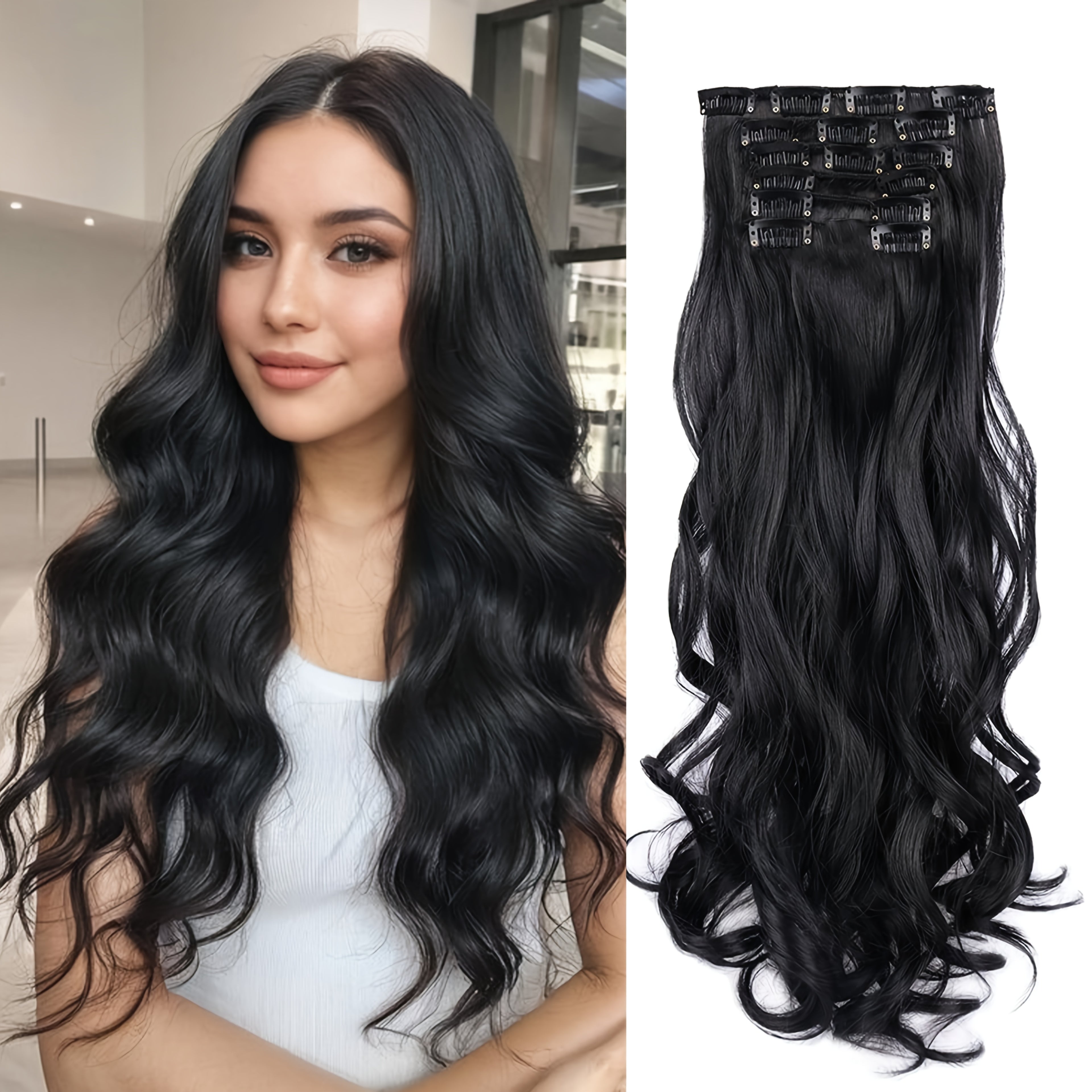 Women's 20-Inch Clip-In Curly Wave Hair Extensions - Thick Volume & Highlights, Clip-On Ponytail\u002FBraid Attachment, Soft Synthetic Hair for Short Hairline Coverage, Instant Length (No, Easy Application)