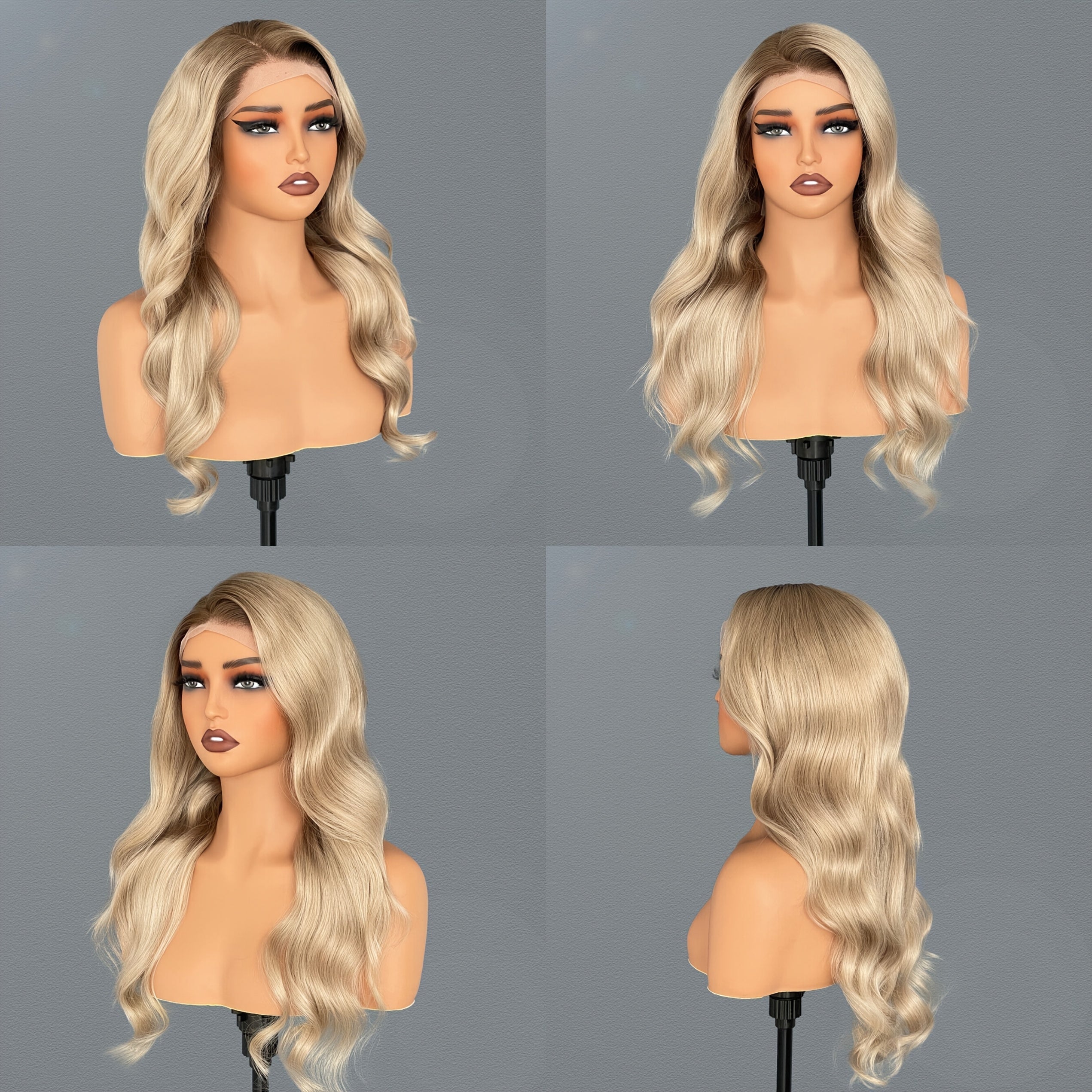 Brazilian Virgin Human Hair Wig 13x4 Transparent Lace Front with Brown Root Ombre Blonde ( to Dark) - 180% Density Body Wave Ash Blonde\u002FGray Remy Hair, Pre-Plucked Natural Hairline, Long Length Natural Looking Wig for Women (Daily
