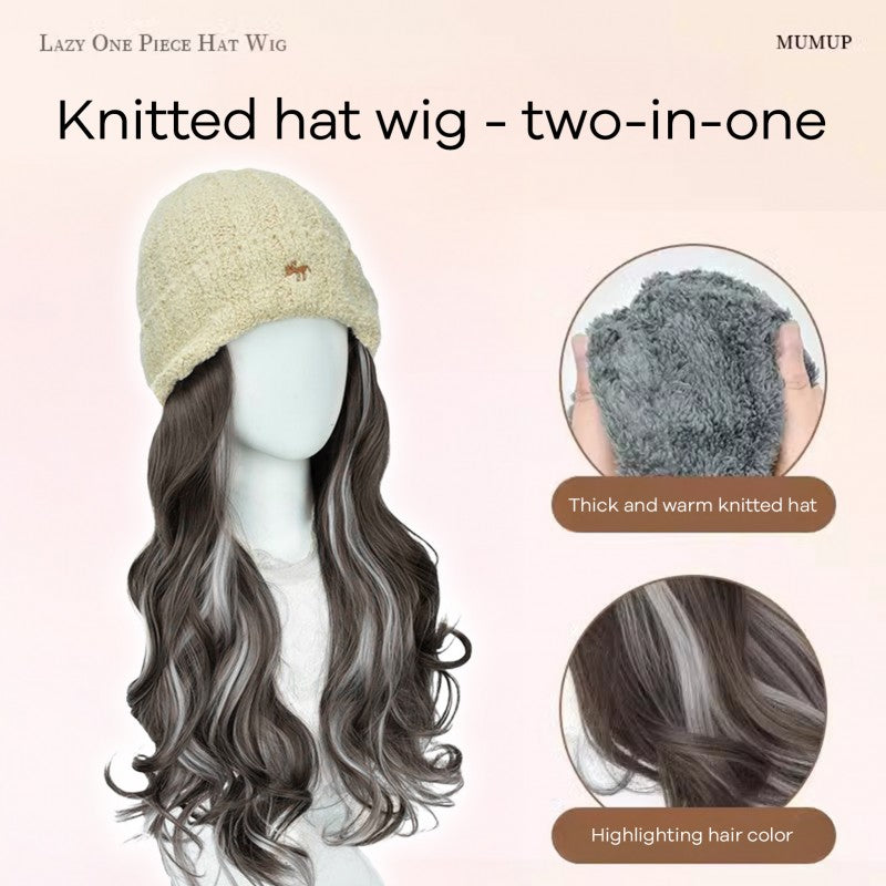 Women'S Winter Warm Knitted Wig Hat with Highlighted Dye - Soft Synthetic Hairpiece & Full Head Cap, Elastic Net Cap for Secure Fit, -Looking Wavy Hairpiece for Daily Wear, Cosplay & Themed Events - Unisex-Style Design, Easy Maintenance (No Styling