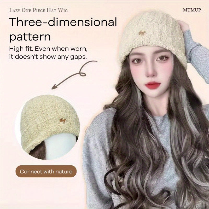 Women'S Winter Warm Knitted Wig Hat with Highlighted Dye - Soft Synthetic Hairpiece & Full Head Cap, Elastic Net Cap for Secure Fit, -Looking Wavy Hairpiece for Daily Wear, Cosplay & Themed Events - Unisex-Style Design, Easy Maintenance (No Styling