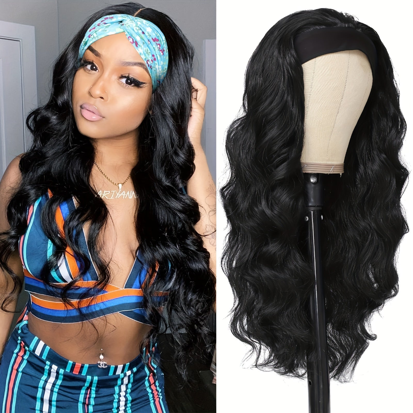 24-Inch Long Wavy Headband Wig for Women Suitable for Parties & Daily Use - Black\u002FBrown\u002FBlonde Highlight Synthetic Hair with 200% Density, Elastic, Volume & Put-On-and-Go Style (No Glue\u002FSpray Needed)