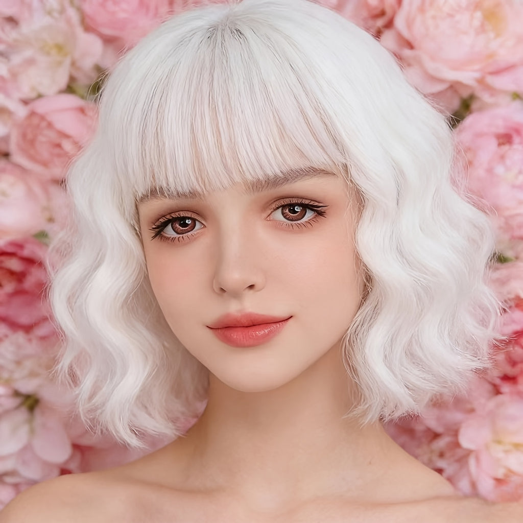 New European And American Wig Full Head Cover Wig, Elastic Rose Net with White Bangs, Wavy Curly Hair, Egg Rolls, Harajuku Style, Anime Cosplay Hit, High-temperature Natural Curly Full Head