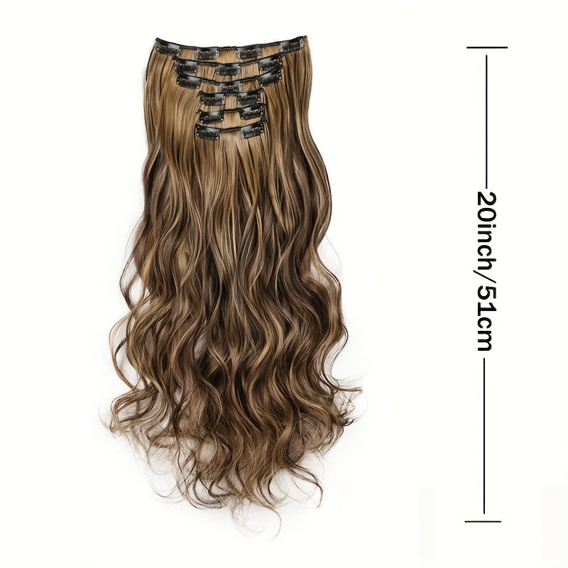 Women's 20-Inch Clip-In Curly Wave Hair Extensions - Thick Volume & Highlights, Clip-On Ponytail\u002FBraid Attachment, Soft Synthetic Hair for Short Hairline Coverage, Instant Length (No, Easy Application)