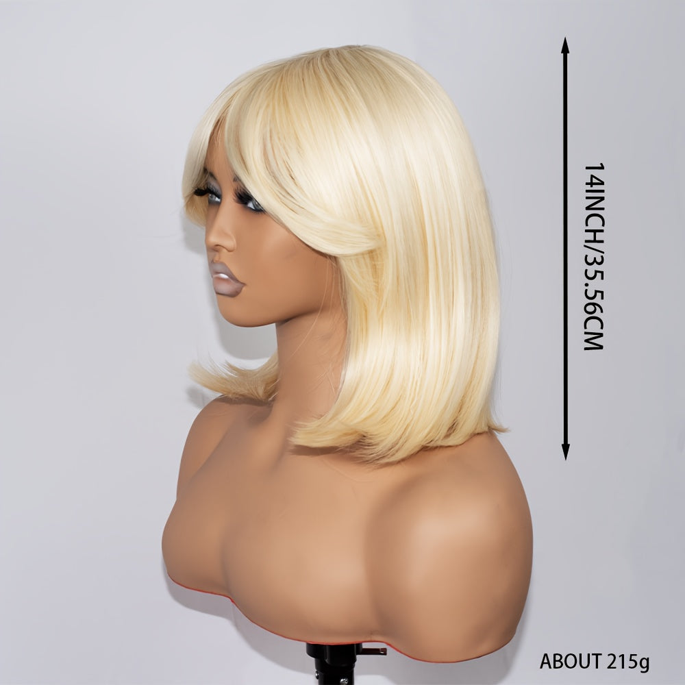 Women' Heat-Resistant Full Head Coverage Synthetic Hair Wig - Blonde Straight with Bangs Suitable for Daily Wear, Parties & Elastic Net Cap - Age-Reducing Realistic Volume Wig for Heat Styling & Instant Volume