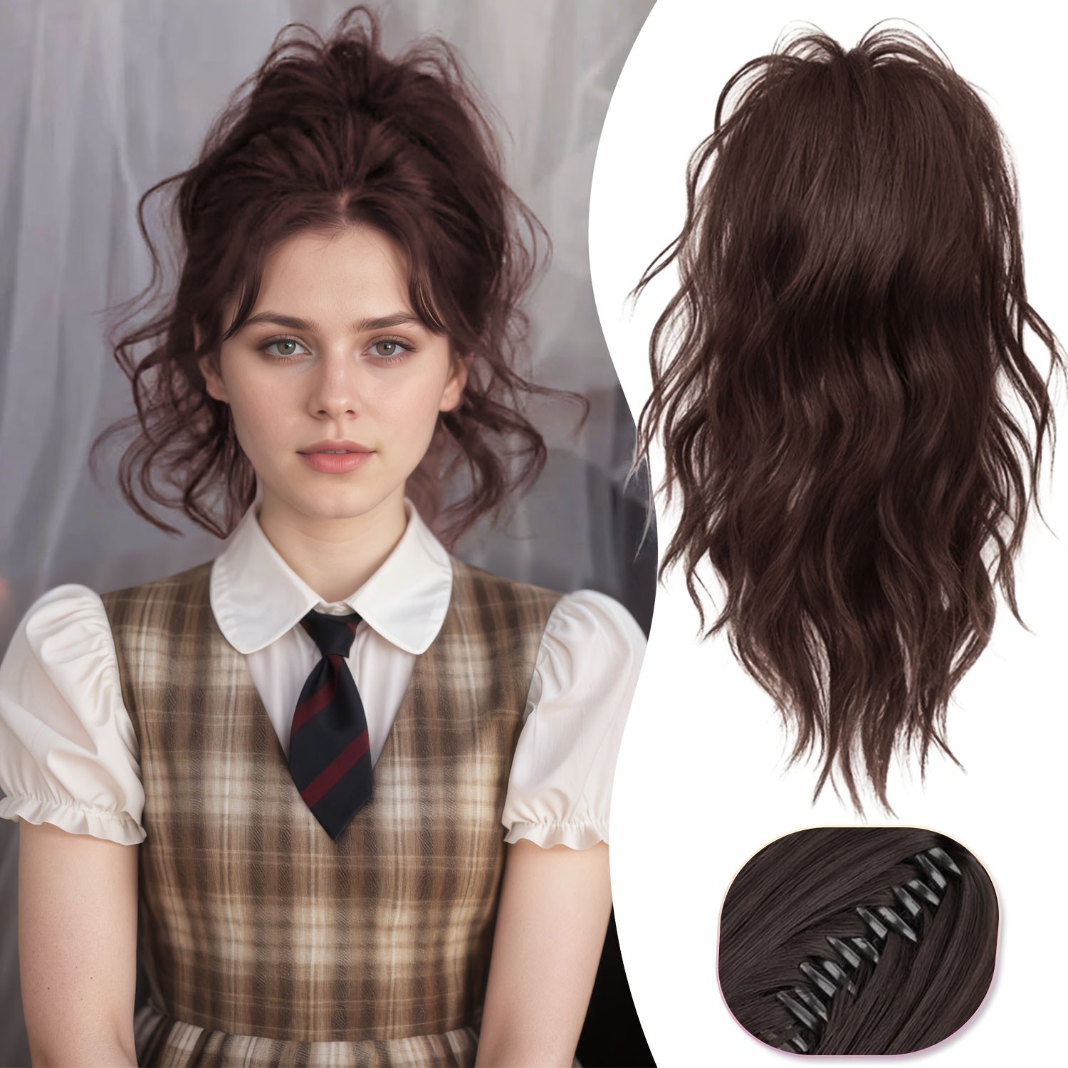 Women' 14-Inch -Looking Clip-In Ponytail Hair Extensions with Claw Clip System - Synthetic Wavy Ponytail Hairpiece for Volume, Length & Attachment (No Glue\u002F)