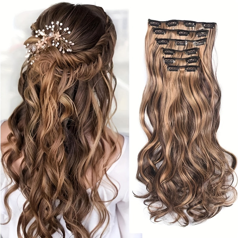 22-Inch Clip-In Synthetic Hair Extensions with High Resistance, Featuring a Blend of Chocolate Brown And Honey Blonde Balayage. This Set Includes 6pcs And Is Designed with Double Weft for Added Volume