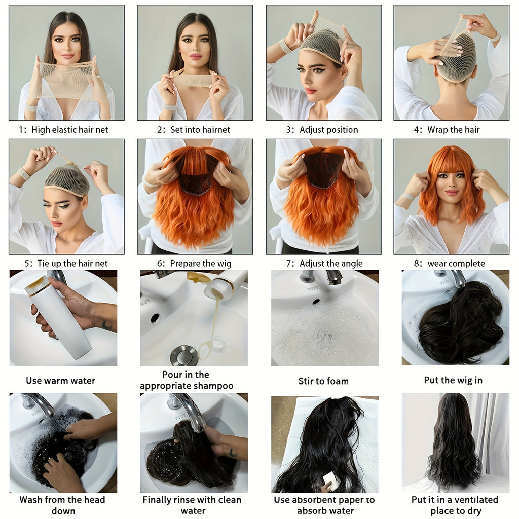 18 Inch Women & Gradient Long Curly Wig with Bangs - Looking Soft & Breathable Heat-Resistant Synthetic Hair, Full Head Wig with Elastic Cap