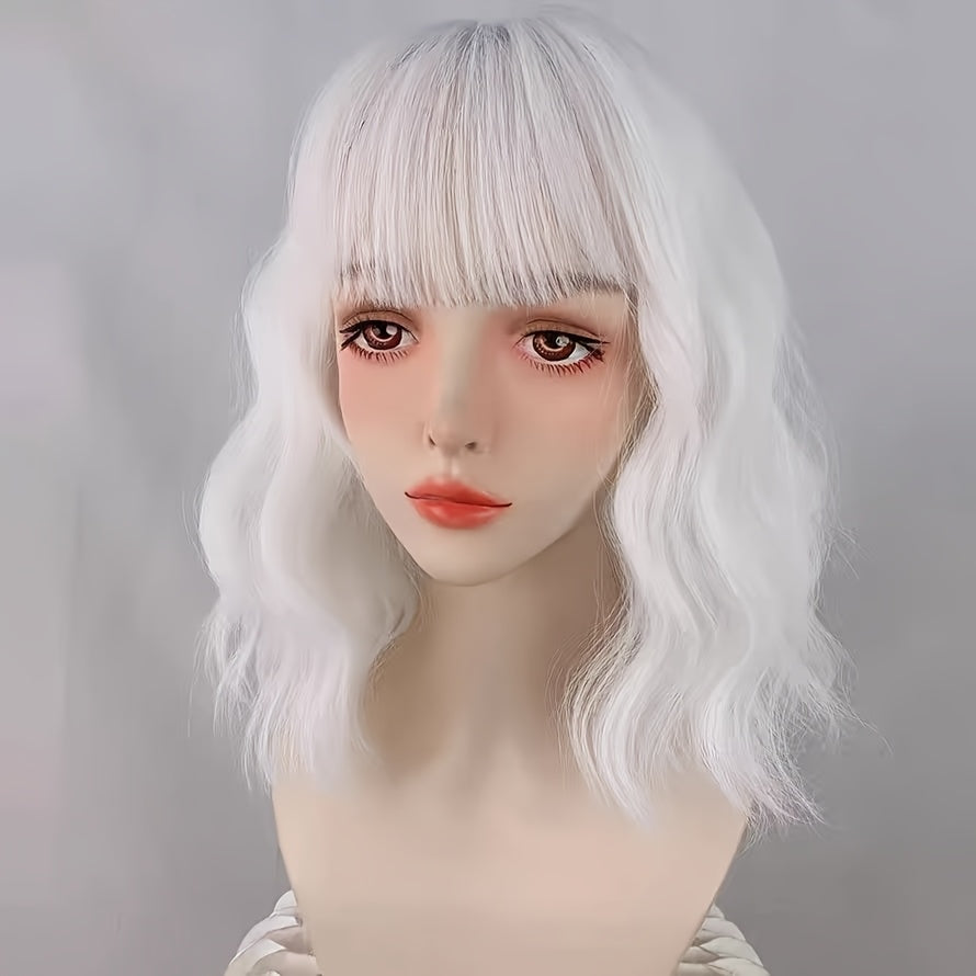 New European And American Wig Full Head Cover Wig, Elastic Rose Net with White Bangs, Wavy Curly Hair, Egg Rolls, Harajuku Style, Anime Cosplay Hit, High-temperature Natural Curly Full Head