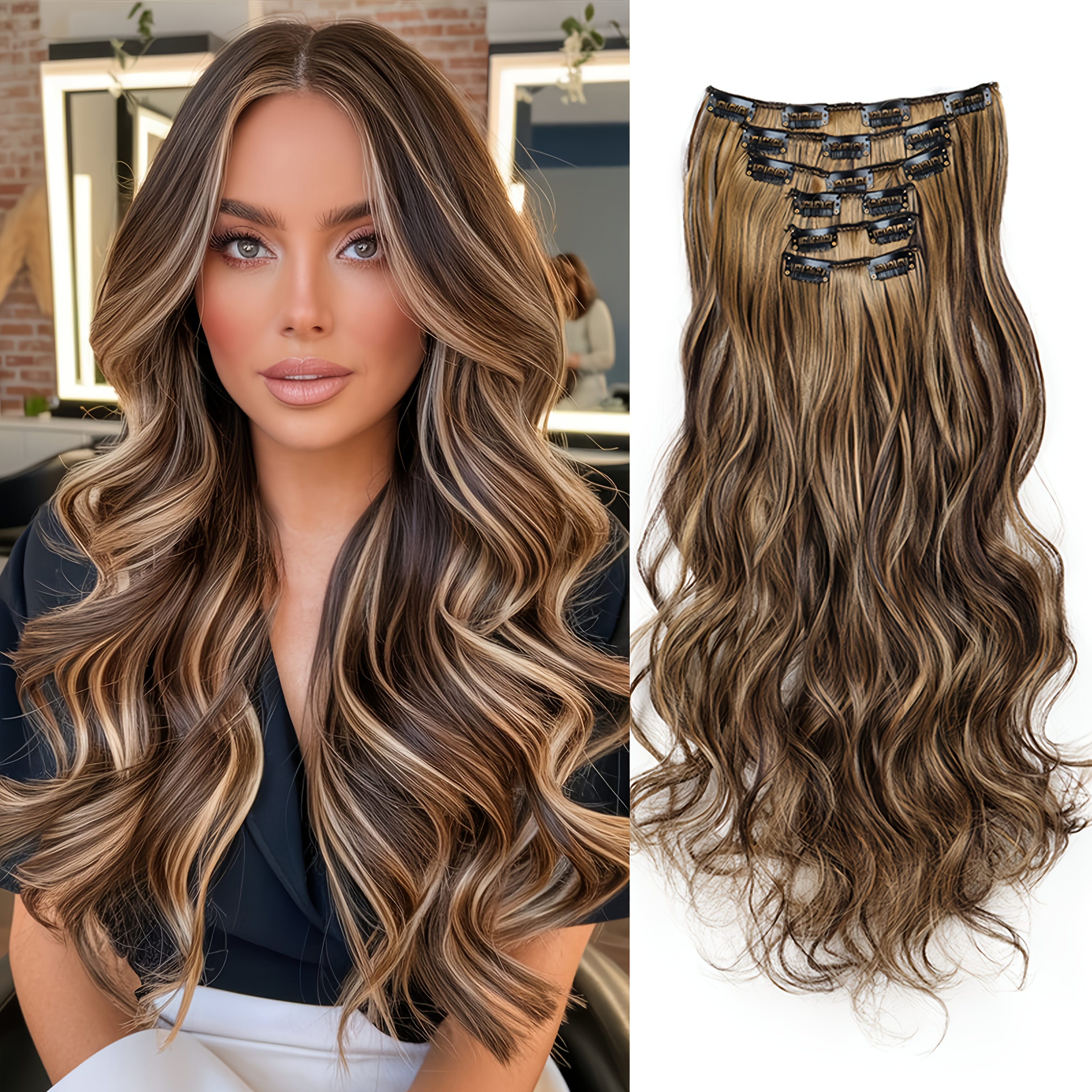 Women's 20-Inch Clip-In Curly Wave Hair Extensions - Thick Volume & Highlights, Clip-On Ponytail\u002FBraid Attachment, Soft Synthetic Hair for Short Hairline Coverage, Instant Length (No, Easy Application)