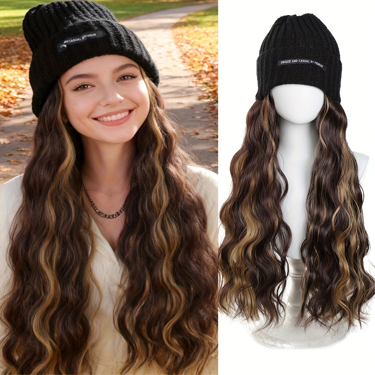 Women's Long Blonde Wavy Synthetic Hair Wig with Elastic Knit Cap - Heat-Resistant Fiber, Density Natural-Looking Straight-to-Wavy Hairpiece for Blonde Highlights, Daily Wear & Special Events (No Glue\u002FAdhesive)