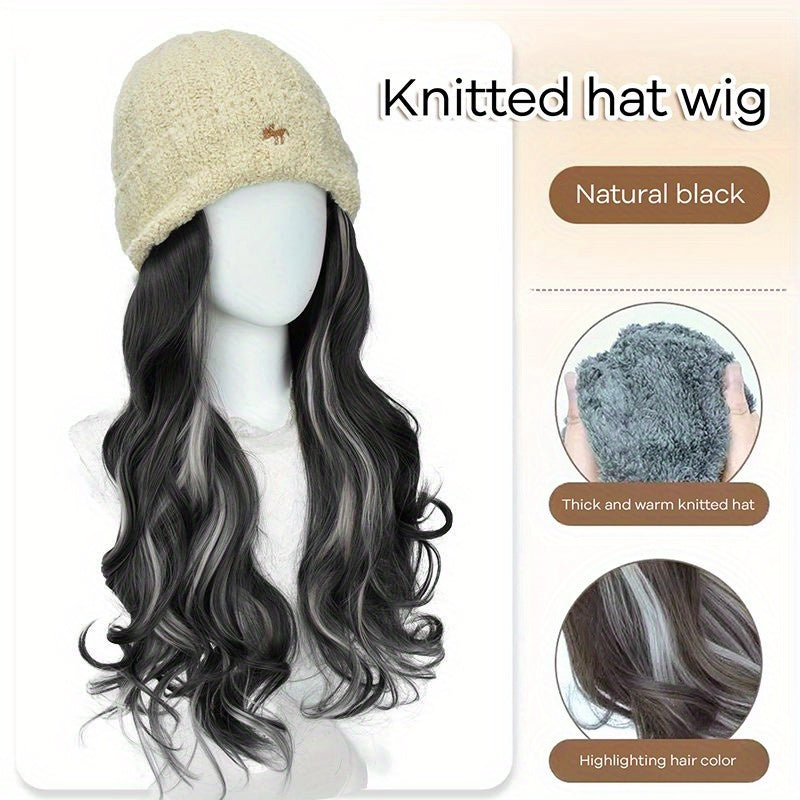 Women's Winter Warm Knitted Wig Hat with Highlighted Wavy Synthetic Hair - Full Head Cap & Elastic Net Base for Cosplay, Themed Events, Daily Wear - Soft Warm Wigpiece Suitable for Skin Types, Easy Maintenance (No Styling)
