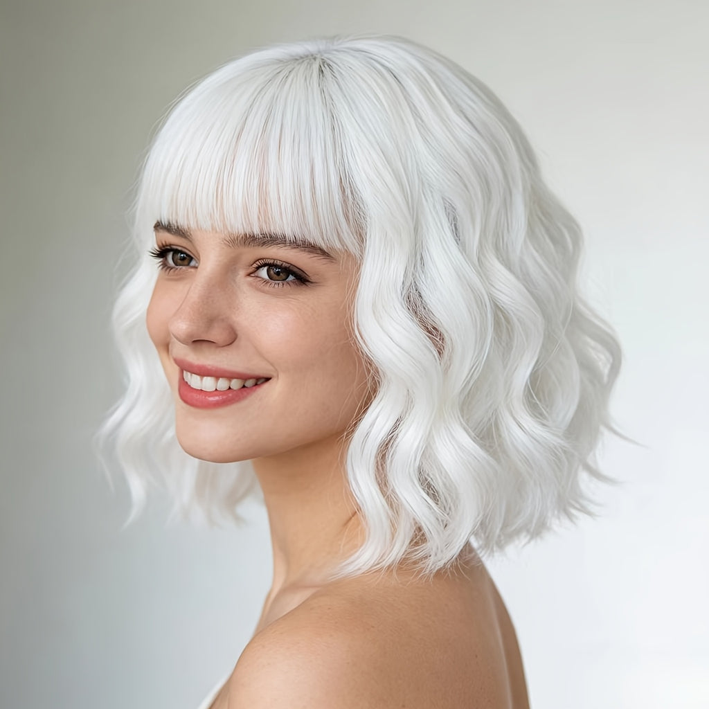 New European And American Wig Full Head Cover Wig, Elastic Rose Net with White Bangs, Wavy Curly Hair, Egg Rolls, Harajuku Style, Anime Cosplay Hit, High-temperature Natural Curly Full Head