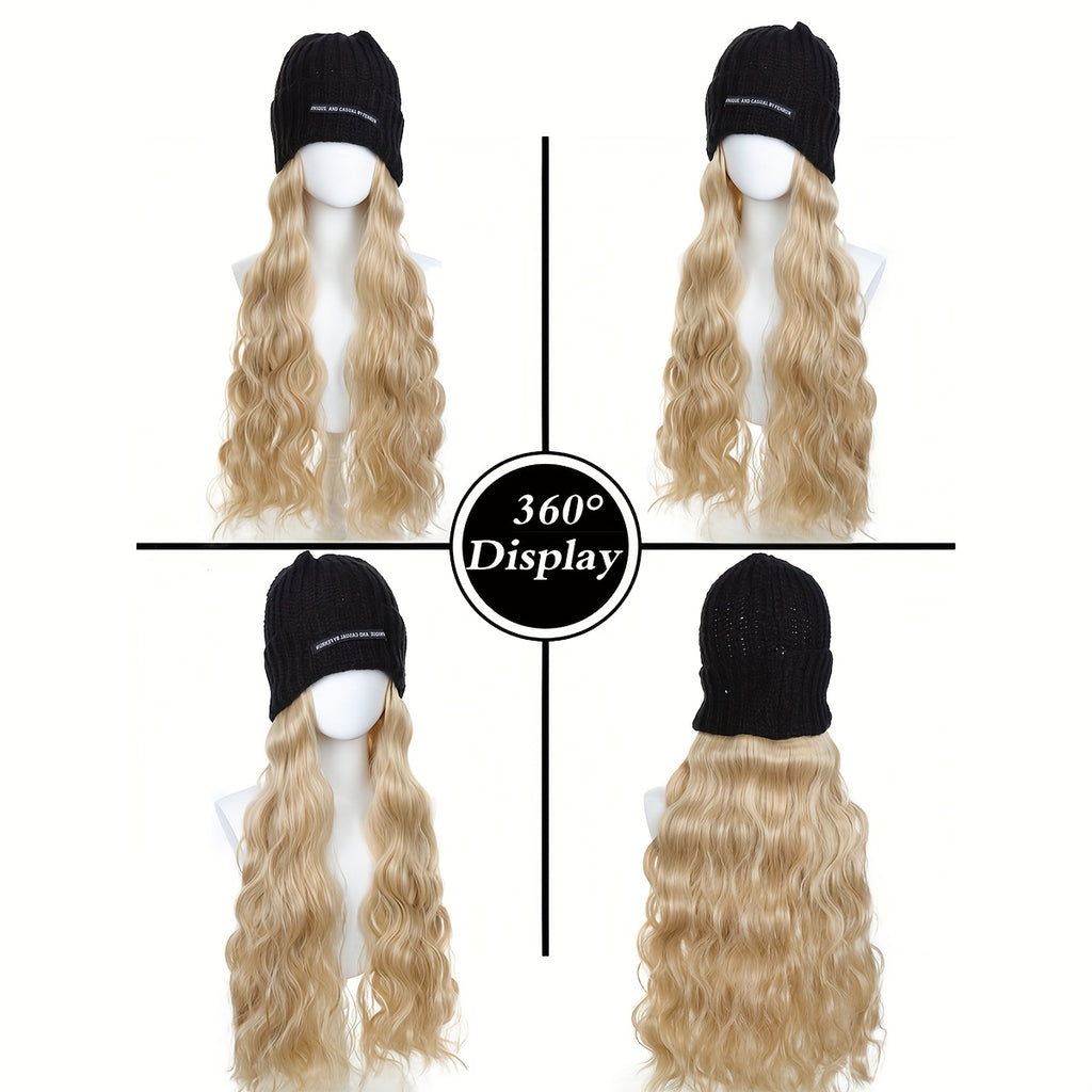 Women's Long Blonde Wavy Synthetic Hair Wig with Elastic Knit Cap - Heat-Resistant Fiber, Density Natural-Looking Straight-to-Wavy Hairpiece for Blonde Highlights, Daily Wear & Special Events (No Glue\u002FAdhesive)