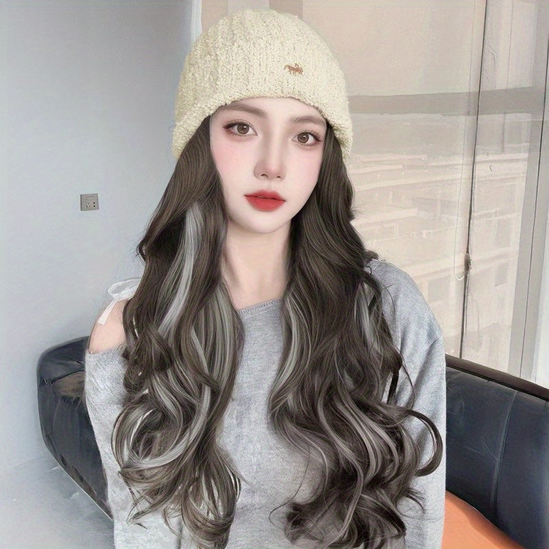 Women'S Winter Warm Knitted Wig Hat with Highlighted Dye - Soft Synthetic Hairpiece & Full Head Cap, Elastic Net Cap for Secure Fit, -Looking Wavy Hairpiece for Daily Wear, Cosplay & Themed Events - Unisex-Style Design, Easy Maintenance (No Styling