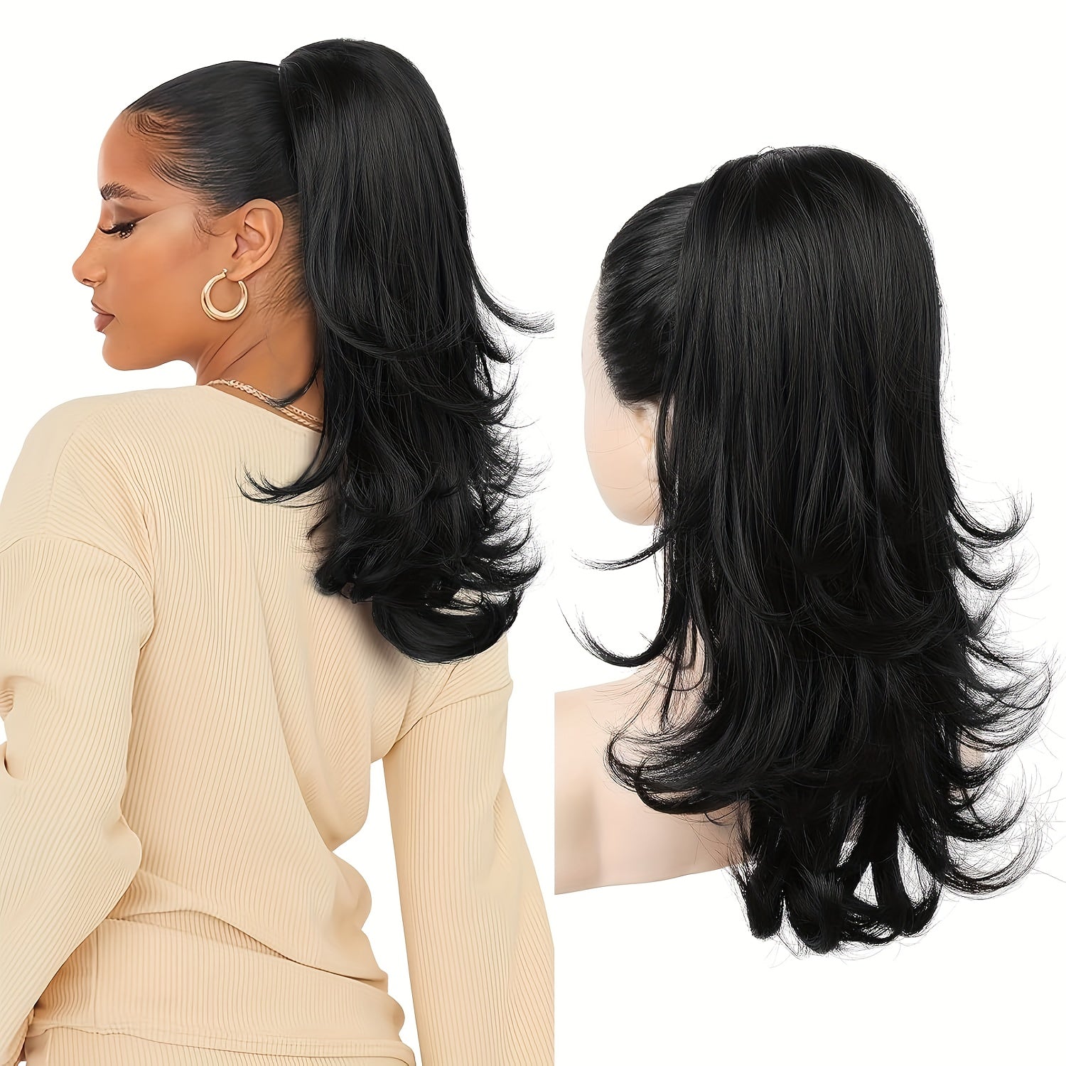 20 Inch Clip-In\u002FClip-On Ponytail Hair Extension for Women - Natural Looking Synthetic Curly Wave Pony Tail with Jaw\u002FClip Attachment, Layered Volume Hairpiece for Daily Wear, Parties, for all Hair Types (Easy Application)