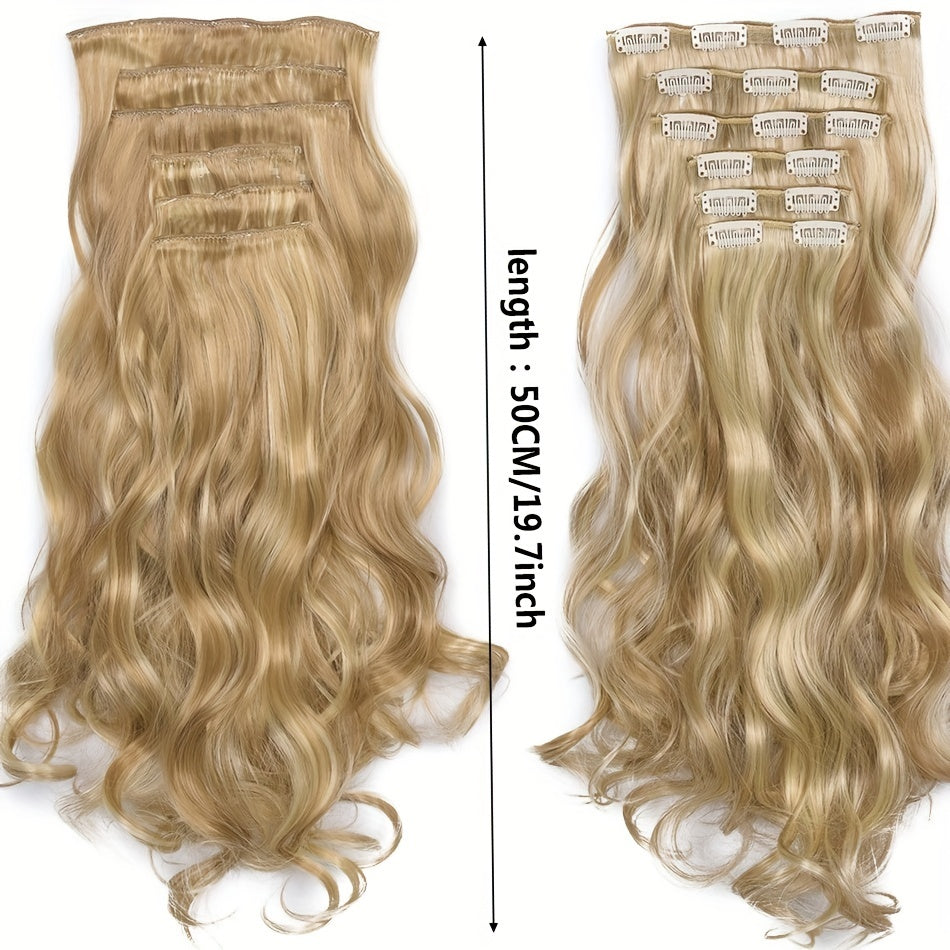 22-Inch Clip-In Synthetic Hair Extensions with High Resistance, Featuring a Blend of Chocolate Brown And Honey Blonde Balayage. This Set Includes 6pcs And Is Designed with Double Weft for Added Volume