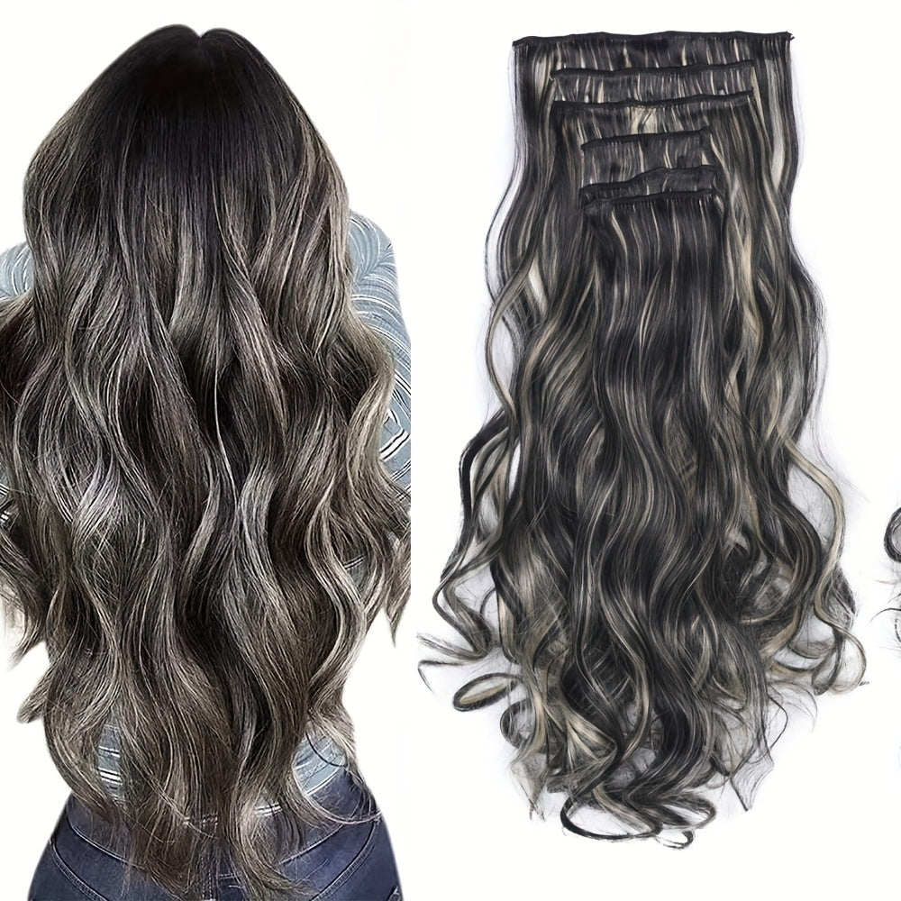22-Inch Clip-In Synthetic Hair Extensions with High Resistance, Featuring a Blend of Chocolate Brown And Honey Blonde Balayage. This Set Includes 6pcs And Is Designed with Double Weft for Added Volume