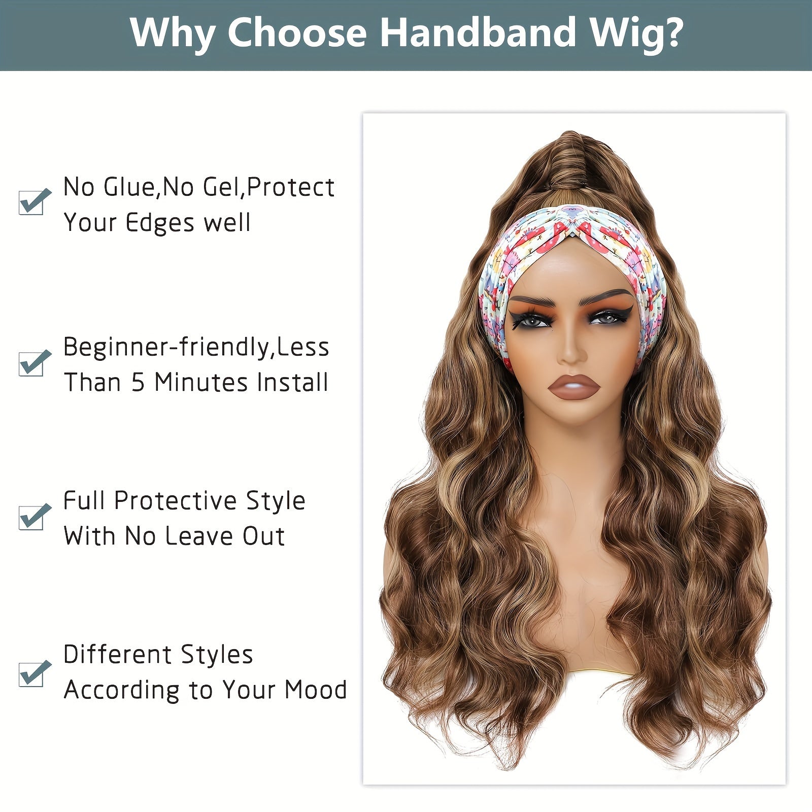 24-Inch Long Wavy Headband Wig for Women Suitable for Parties & Daily Use - Black\u002FBrown\u002FBlonde Highlight Synthetic Hair with 200% Density, Elastic, Volume & Put-On-and-Go Style (No Glue\u002FSpray Needed)