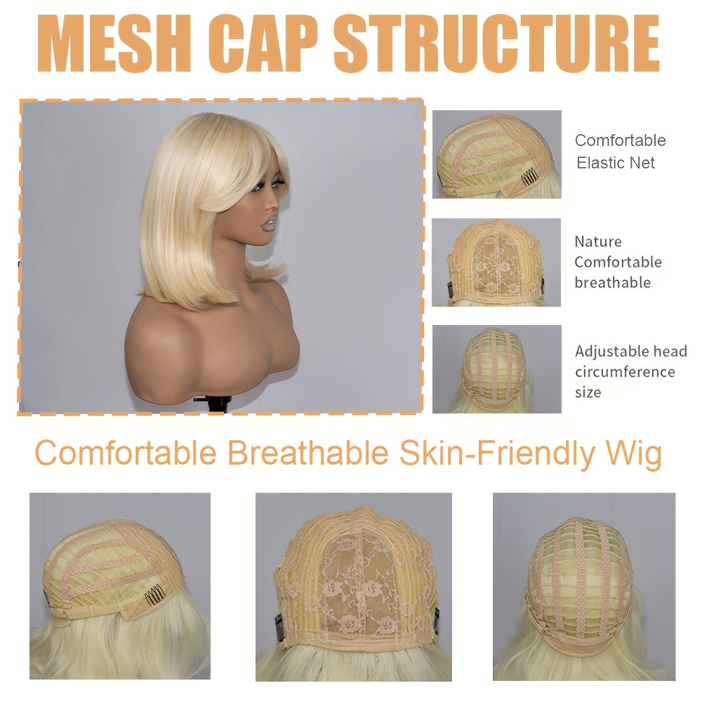 Women' Heat-Resistant Full Head Coverage Synthetic Hair Wig - Blonde Straight with Bangs Suitable for Daily Wear, Parties & Elastic Net Cap - Age-Reducing Realistic Volume Wig for Heat Styling & Instant Volume