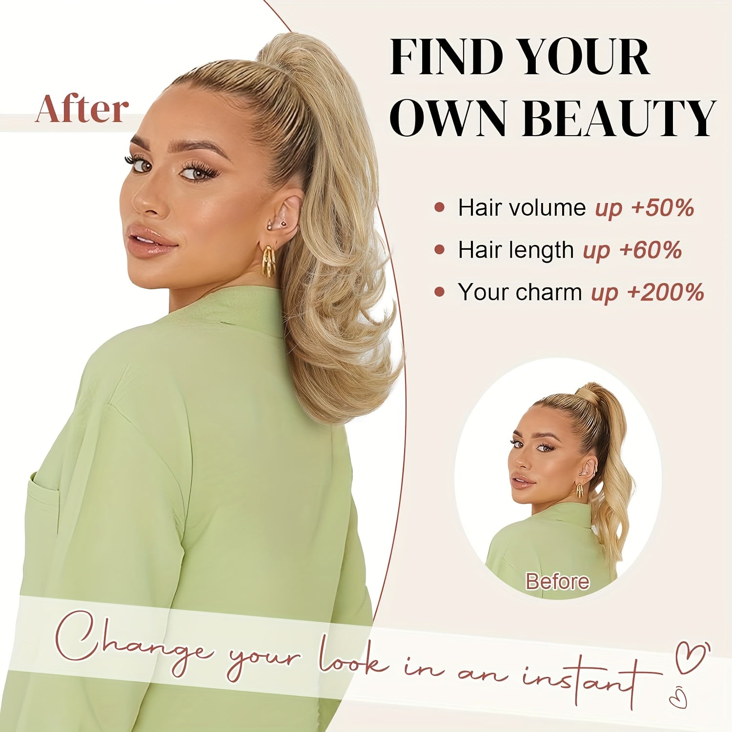 20 Inch Clip-In\u002FClip-On Ponytail Hair Extension for Women - Natural Looking Synthetic Curly Wave Pony Tail with Jaw\u002FClip Attachment, Layered Volume Hairpiece for Daily Wear, Parties, for all Hair Types (Easy Application)