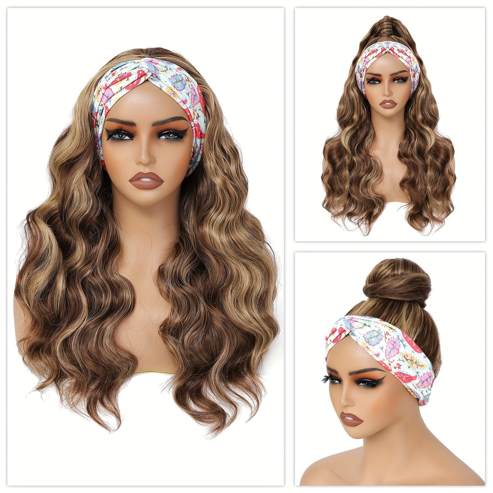 24-Inch Long Wavy Headband Wig for Women Suitable for Parties & Daily Use - Black\u002FBrown\u002FBlonde Highlight Synthetic Hair with 200% Density, Elastic, Volume & Put-On-and-Go Style (No Glue\u002FSpray Needed)