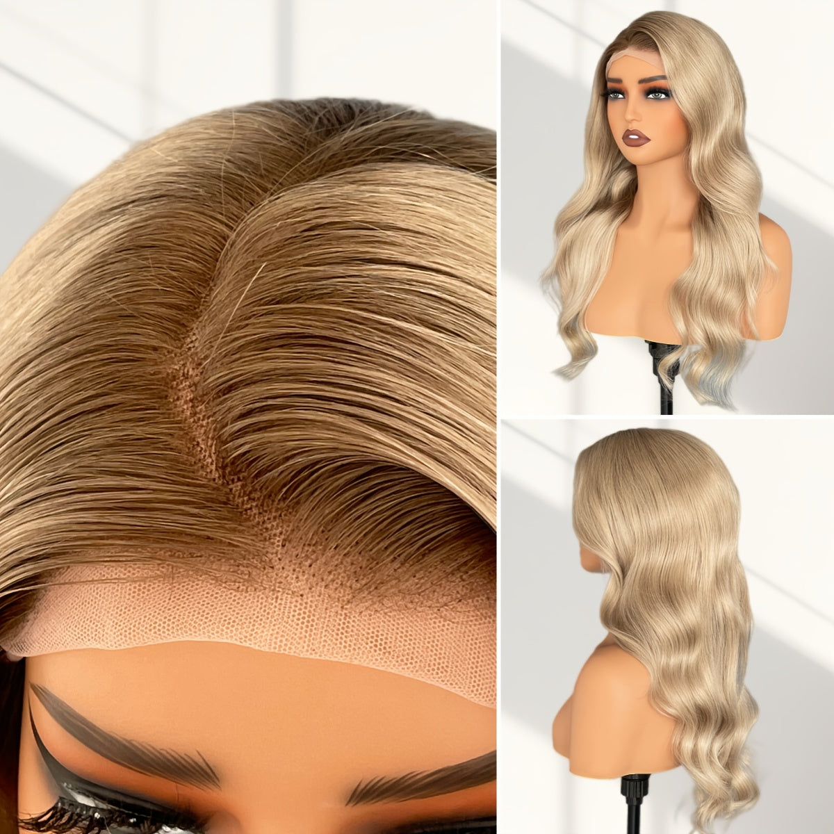 Transparent Lace Front Human Hair Wigs with Blonde Ombre, Featuring Brown Roots And Body Wave Style in Ash Blonde And Gray. This 180% Density Long Brazilian Virgin Wig Has a Pre-Plucked Natural Hairline, Perfect for Daily Wear Or Parties