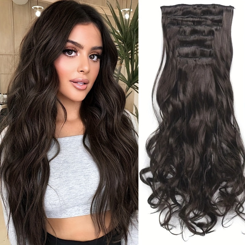 22-Inch Clip-In Synthetic Hair Extensions with High Resistance, Featuring a Blend of Chocolate Brown And Honey Blonde Balayage. This Set Includes 6pcs And Is Designed with Double Weft for Added Volume