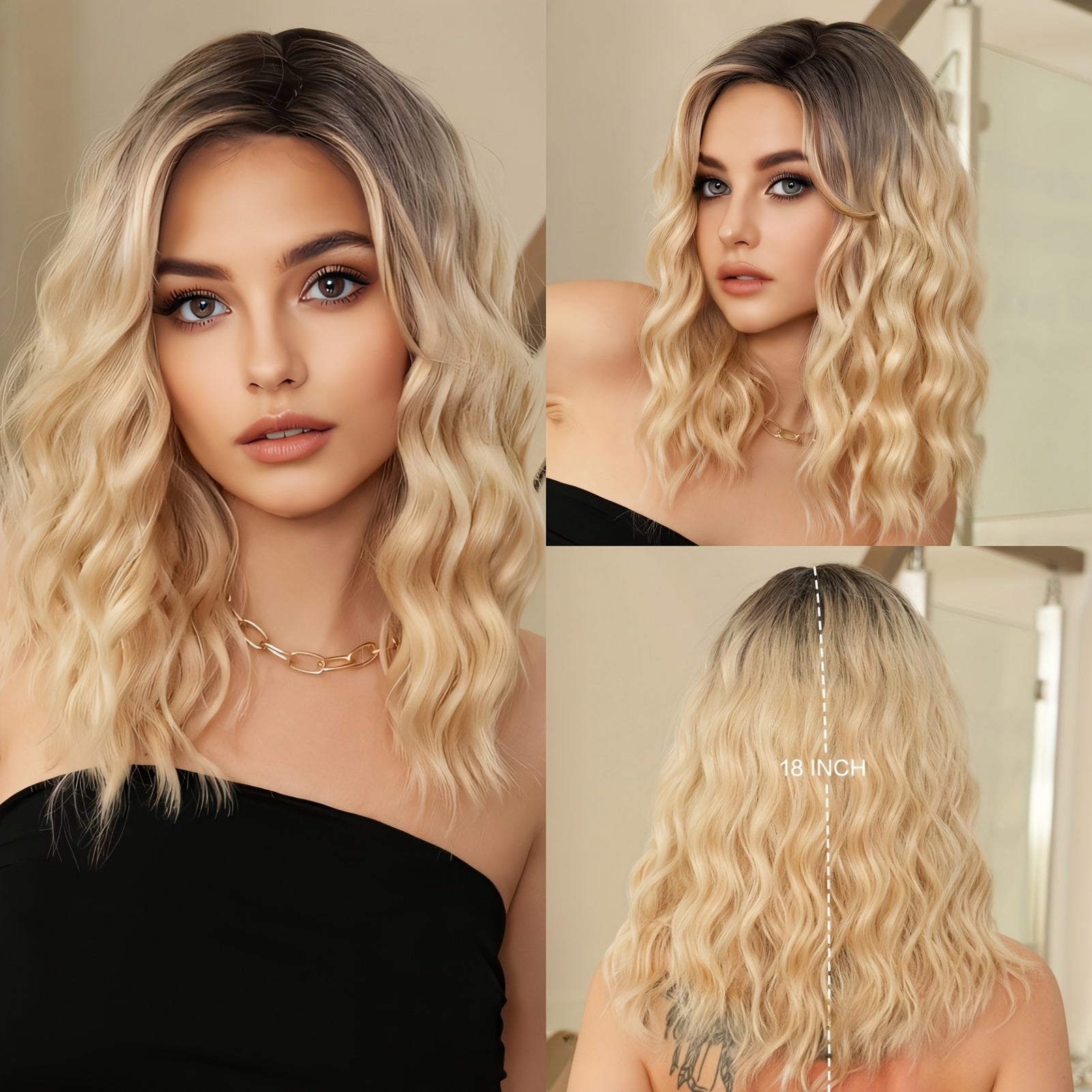 18 Inch Women & Gradient Long Curly Wig with Bangs - Looking Soft & Breathable Heat-Resistant Synthetic Hair, Full Head Wig with Elastic Cap