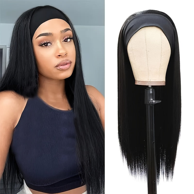 Natural Synthetic Long Straight Headband Wig For Women - Easy To Wear Daily Use Black Wig (26 Inch)