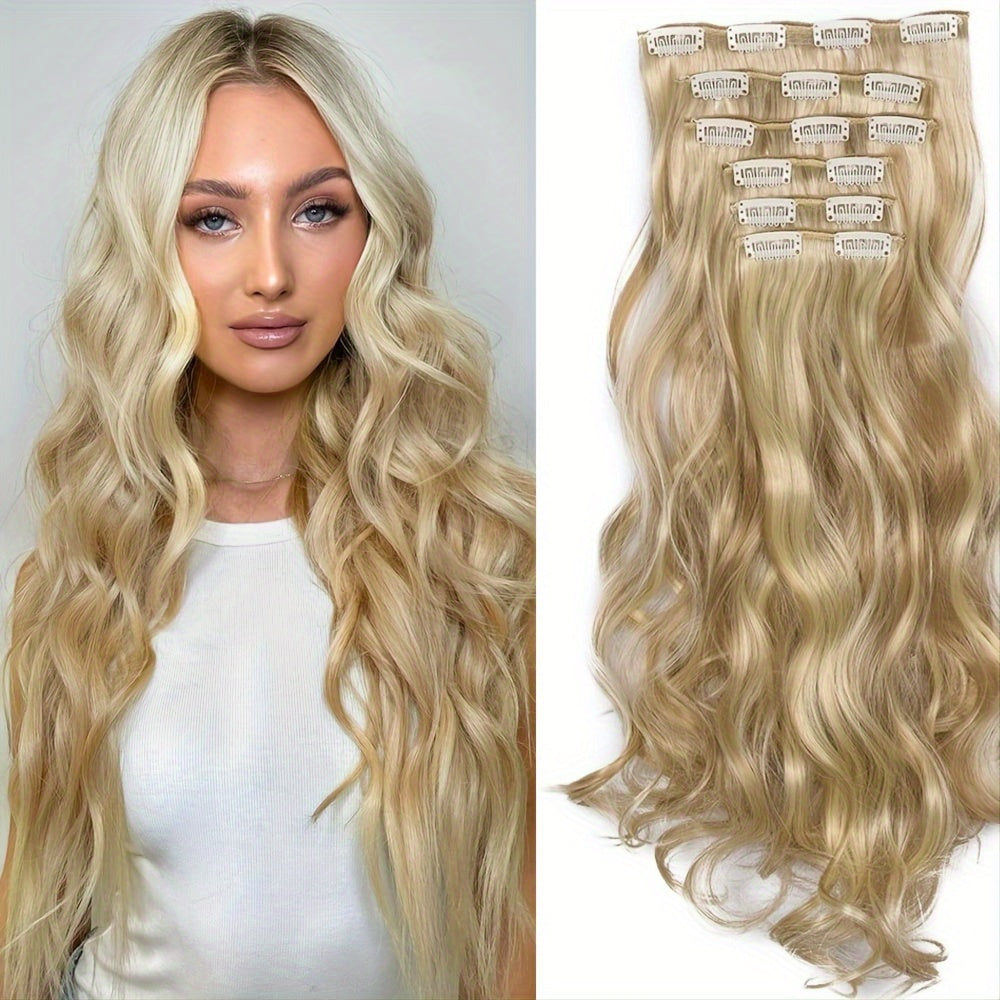 22-Inch Clip-In Synthetic Hair Extensions with High Resistance, Featuring a Blend of Chocolate Brown And Honey Blonde Balayage. This Set Includes 6pcs And Is Designed with Double Weft for Added Volume