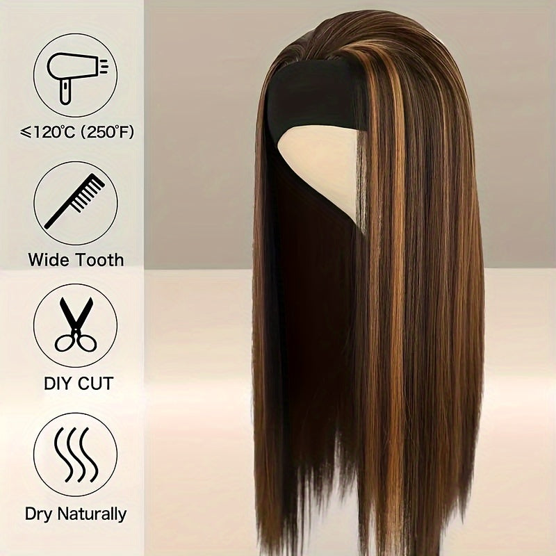 Natural Synthetic Long Straight Headband Wig For Women - Easy To Wear Daily Use Black Wig (26 Inch)